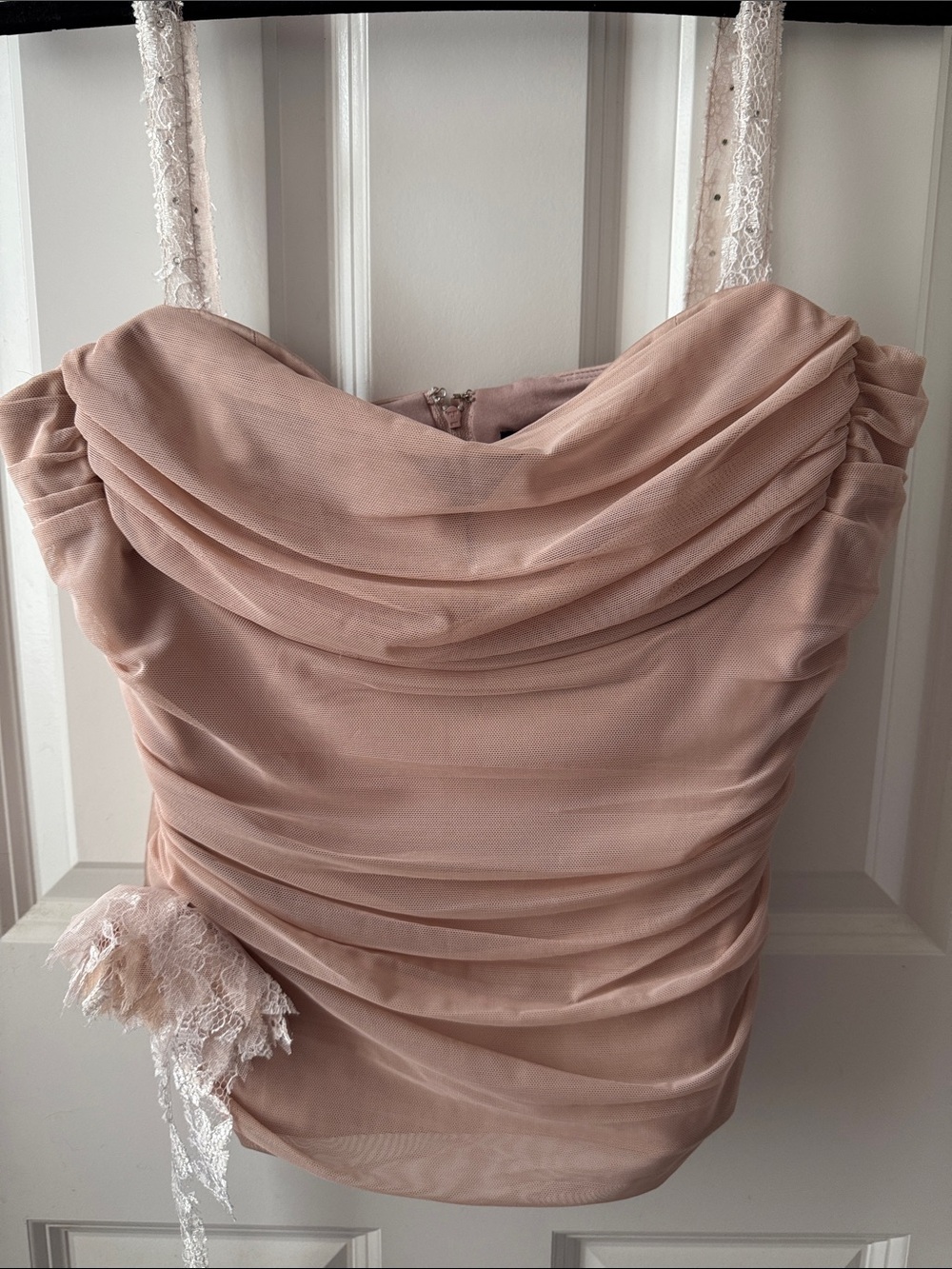 BCBGMaxAzria Strapless Blush Ruched Lace-Trim Top Sz 12